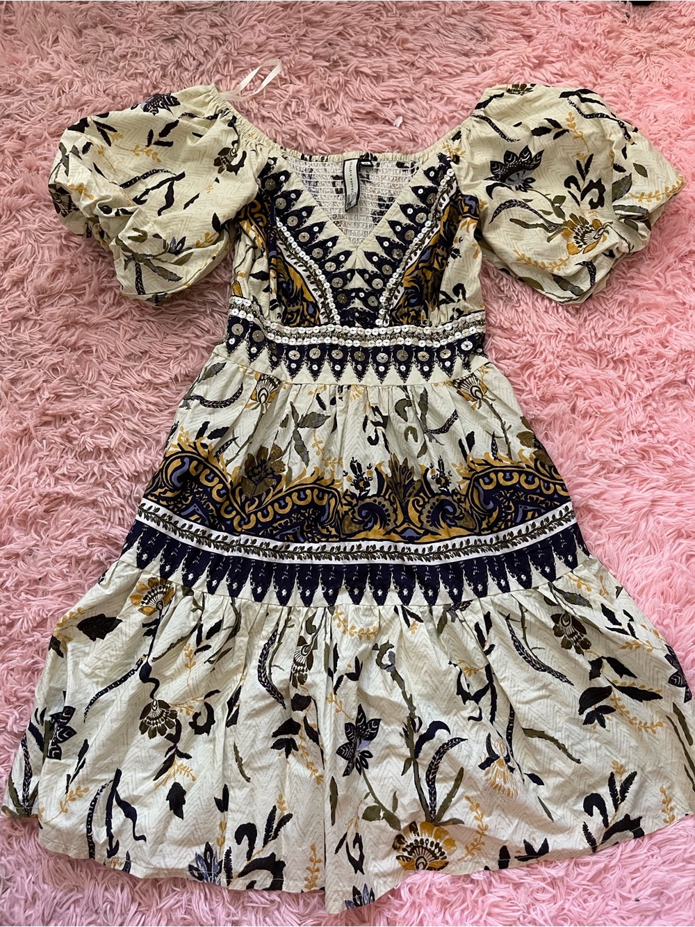 Scarlett Poppies Embellished Boho Mini Dress XS Puff Sleeve Smocked Floral